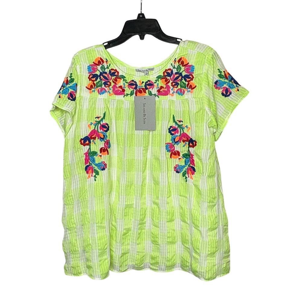 See and Be Seen 100% Cotton Lime Green Embroidered Floral Pullover Top Small New